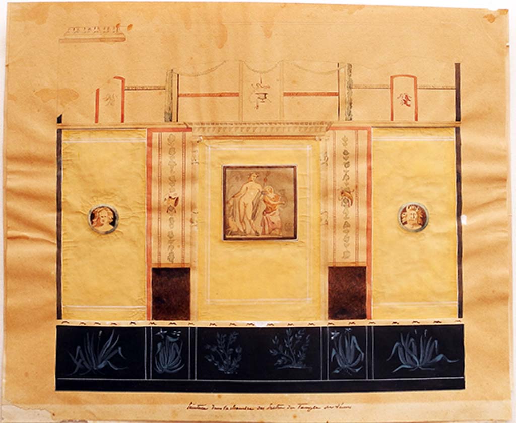 VII.7.30/32 Pompeii. c.1832. 
Painting by Edmond Chambert, showing wall with central painting of Bacchus and Silenus, from the small room at the rear, opposite the entrance doorway.
See Chambert, E., 1832. Dessins de Pompeia. (p.19).