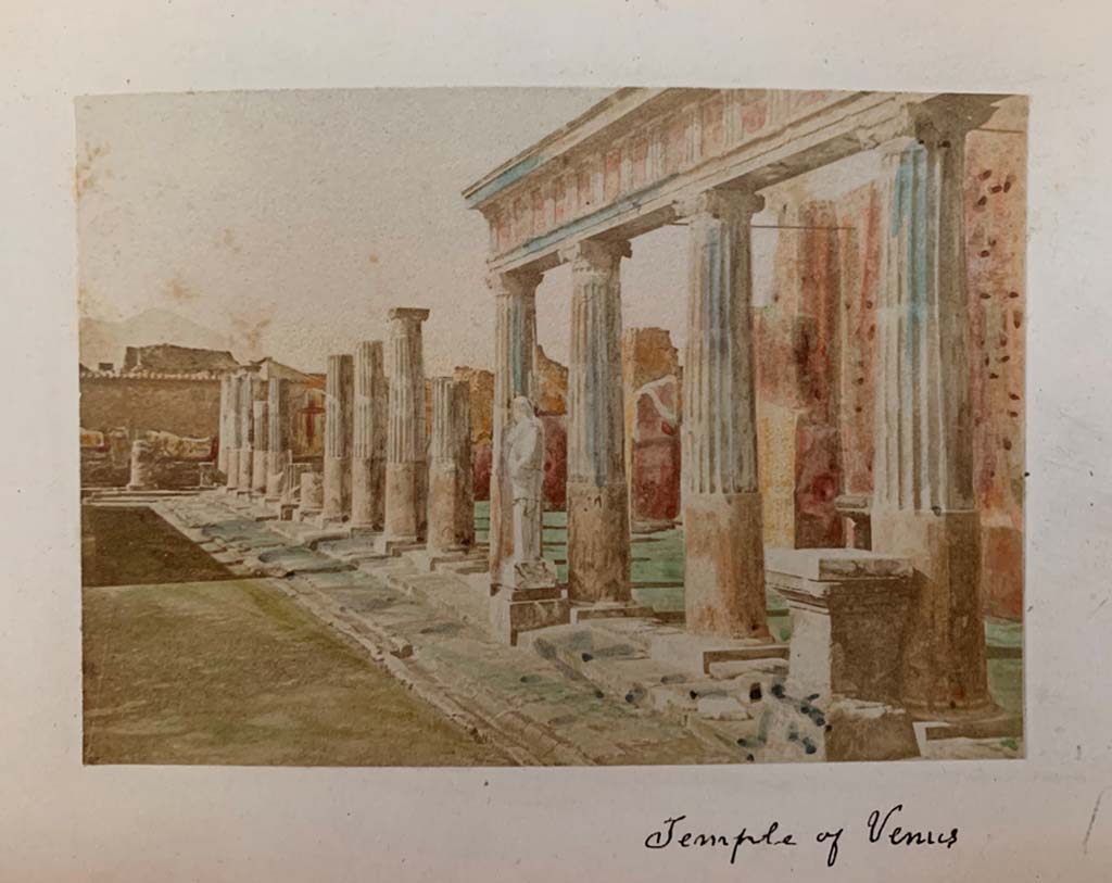 VII.7.32 Pompeii.  From a coloured album by M. Amodio, dated c.1880. Looking north along east side of Temple.
Photo courtesy of Rick Bauer.
