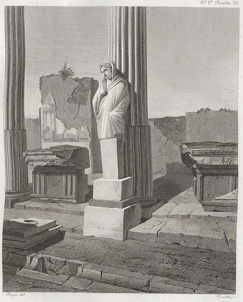 VII.7.32 Pompeii. 
Drawing by Mazois of white marble statue found on east side, a herm of Hermes or Mercury.
See Mazois, F., 1838. Les Ruines de Pompei : Quatrième Partie. Paris : Didot Frères, pl. XX, and p. 41.