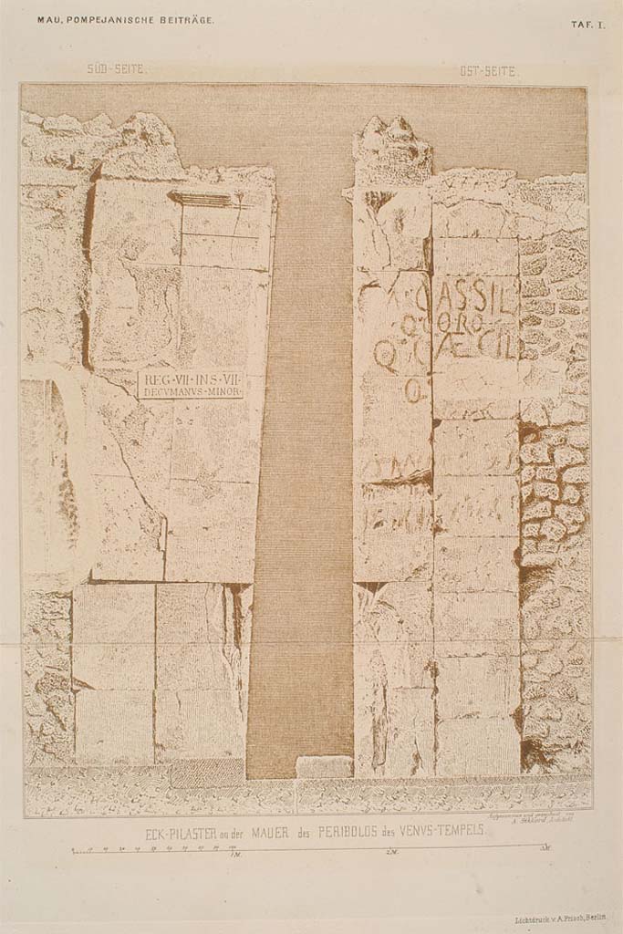VII.7.32, Pompeii. South-east corner of Temple, on the left is the south face of the corner pilaster.
On the right, with graffiti, is the east face of the corner pilaster.
See Mau A., 1879. Pompejanische Beiträge. Berlin: Reimer, Tav. I.
Foto Taylor Lauritsen, ERC Grant 681269 DÉCOR.