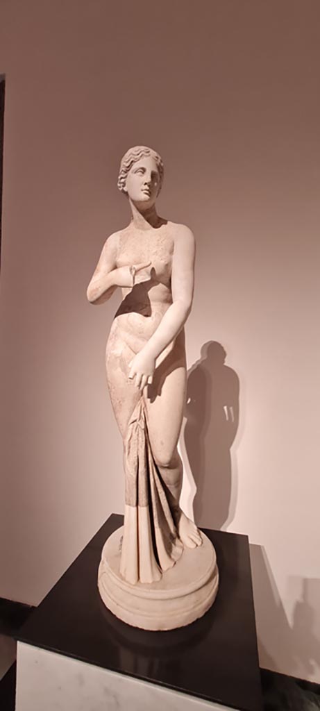 VII.7.32 Pompeii. April 2023. 
White marble statue of the goddess Aphrodite. 
Now on display in “Campania Romana” gallery in Naples Archaeological Museum, inv. 6294.
Photo courtesy of Giuseppe Ciaramella.