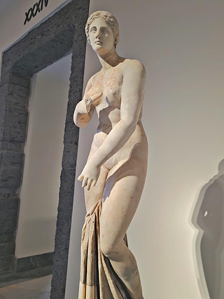 VII.7.32 Pompeii. April 2023. Detail of the white marble statue of the goddess Aphrodite.
 Photo courtesy of Giuseppe Ciaramella.