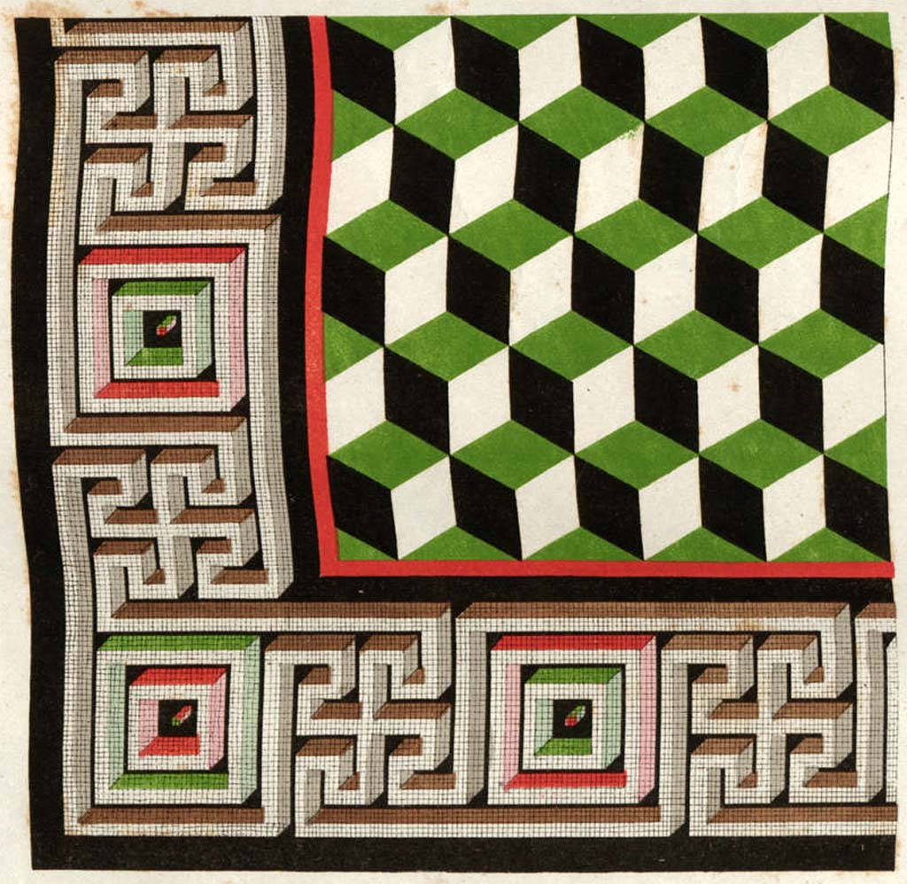 VII.7.32 Pompeii. 
Undated (c.1825-27) Mosaic flooring from the cella as painted by Zahn, described as “Mosaic from the Temple of Venus”.
See Zahn, W., 1828. Die schönsten Ornamente und merkwürdigsten Gemälde aus Pompeji, Herkulanum und Stabiae: I. Berlin: Reimer, taf. 15.