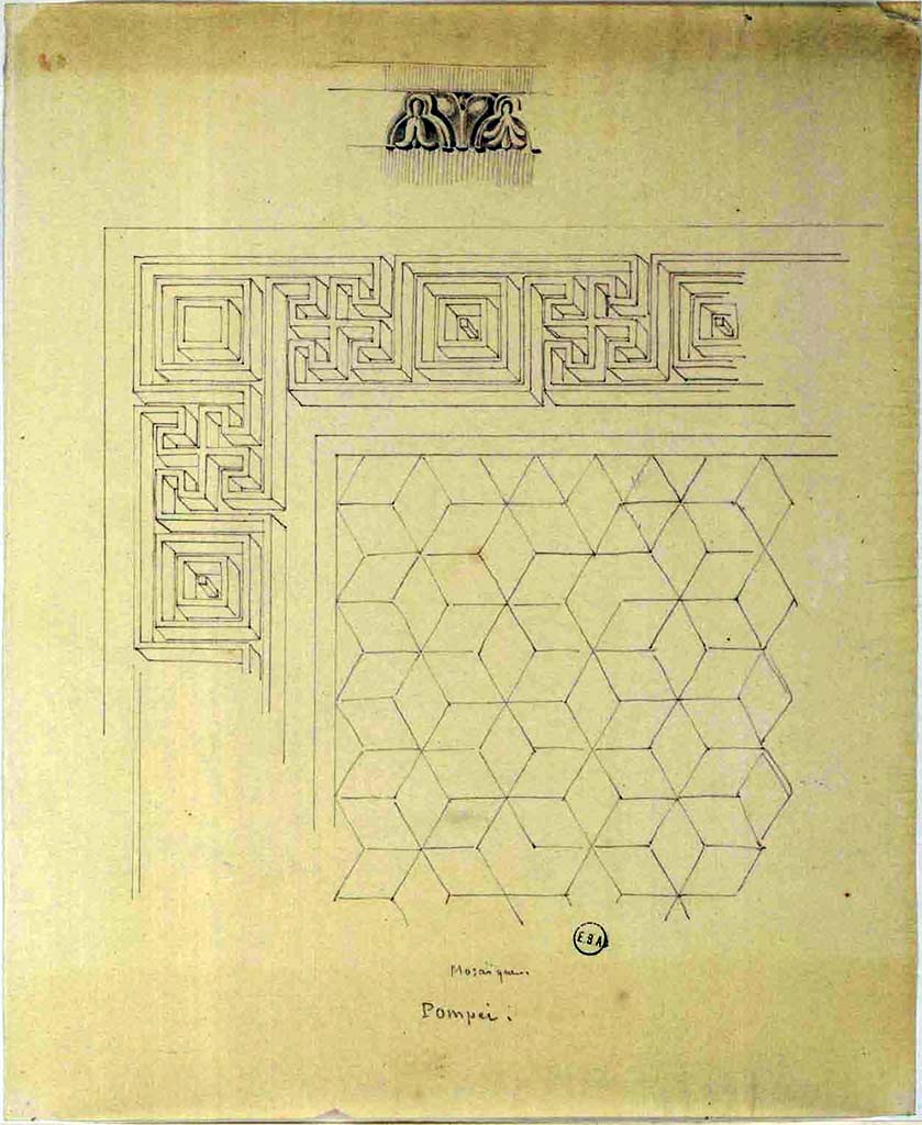 VII.7.32 Pompeii. Mosaic flooring as drawn by Jean-Baptiste Ciceron Lesueur.
See Lesueur, Jean-Baptiste Ciceron. Voyage en Italie de Jean-Baptiste Ciceron Lesueur (1794-1883), pl. 45.
See Book on INHA reference INHA NUM PC 15469 (04)  « Licence Ouverte / Open Licence » Etalab