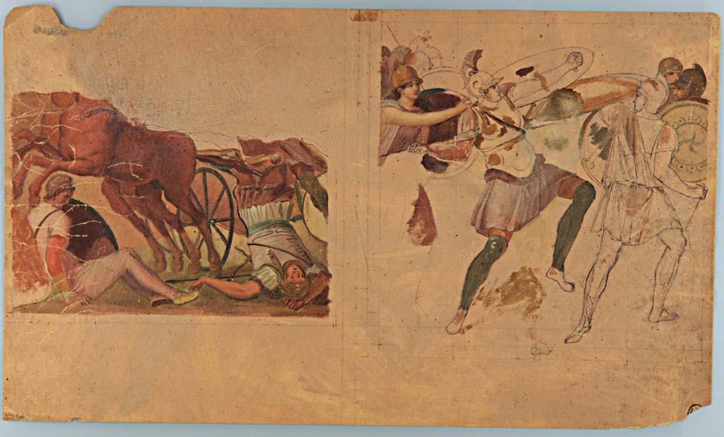 VII.7.32 Pompeii. Paintings by Francesco Morelli, with scenes from the Iliad, seen on the walls of the portico. 
The body of Hector on the chariot is the scene on the left.
See Helbig, W., 1868. Wandgemälde der vom Vesuv verschütteten Städte Campaniens. Leipzig: Breitkopf und Härtel, (1324 and 266)
Now in Naples Archaeological Museum. Inventory number ADS 696.
Photo © ICCD. http://www.catalogo.beniculturali.it
Utilizzabili alle condizioni della licenza Attribuzione - Non commerciale - Condividi allo stesso modo 2.5 Italia (CC BY-NC-SA 2.5 IT)