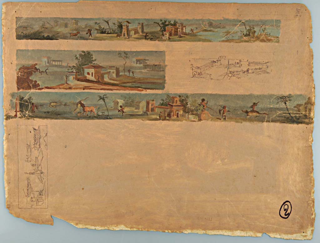 VII.7.32 Pompeii. Paintings by Francesco Morelli, of a frieze and panels from the portico walls, with scenes of Nile landscapes.  
Now in Naples Archaeological Museum. Inventory number ADS 697.
Photo © ICCD. http://www.catalogo.beniculturali.it
Utilizzabili alle condizioni della licenza Attribuzione - Non commerciale - Condividi allo stesso modo 2.5 Italia (CC BY-NC-SA 2.5 IT)
