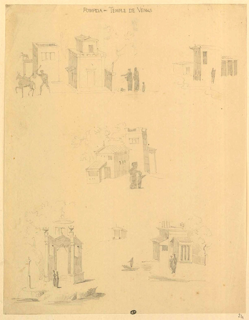 VII.7.32 Pompeii. Between 1823 and 1828, sketches from “Temple of Venus” from walls.
See Duban F. Album de dessins d'architecture effectués par Félix Duban pendant son pensionnat à la Villa Médicis, entre 1823 et 1828: Tome 2, Pompéi, pl. 24.
INHA Identifiant numérique NUM PC 40425 (2)
https://bibliotheque-numerique.inha.fr/idurl/1/7157  « Licence Ouverte / Open Licence » Etalab