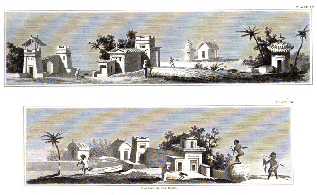 VII.7.32 Pompeii. c.1821, copy by Gell of two landscape paintings.
According to Gell,
“These paintings are highly curious, as exhibiting some resemblance of houses, perhaps in situations removed from the immediate protection of a town, or where it might be considered expedient in their construction to afford the means of defence. Each is separate and provided with a tower.”
See Gell, W, and Gandy J. P., 1821. Pompeiana: 2nd edition. London: Rodwell and Martin, (p.232-3, plates LVII and LVIII)