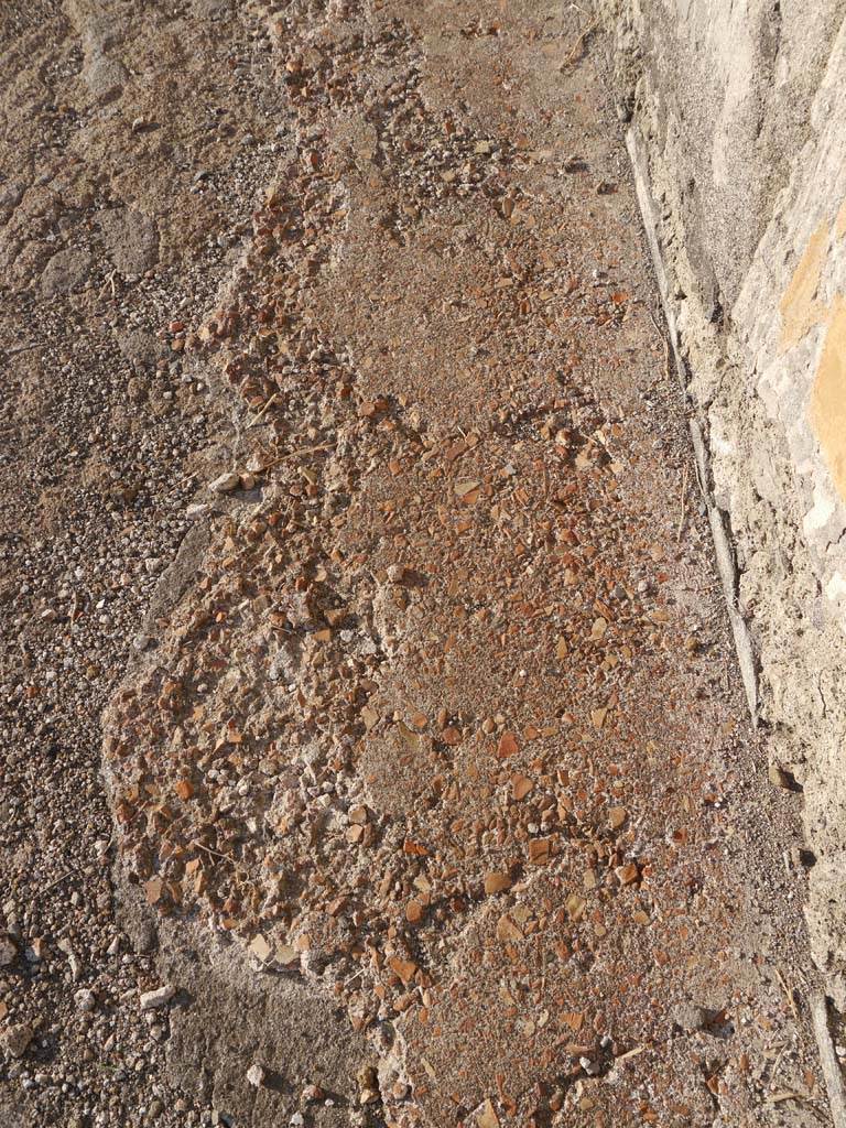 VII.7.32, Pompeii. September 2018. 
Detail of pavement on exterior west side of podium, at base of cella wall.
Foto Anne Kleineberg, ERC Grant 681269 DÉCOR.