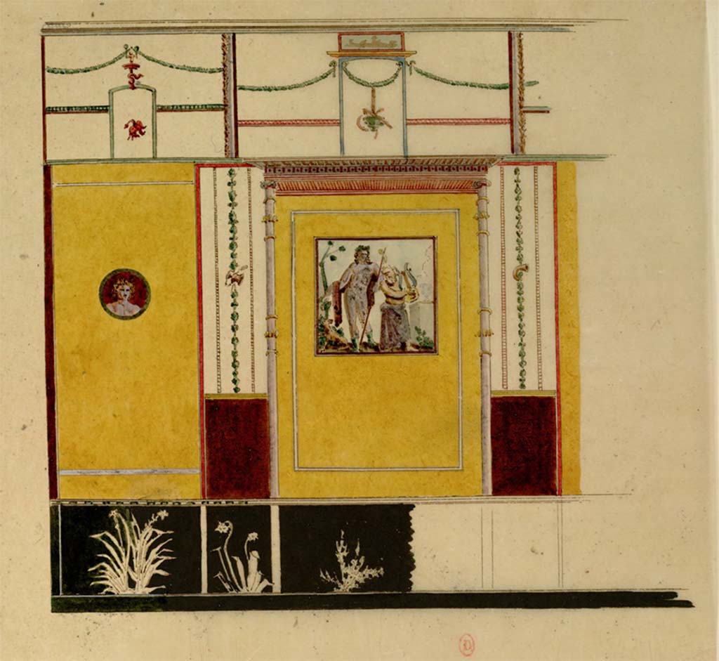 VII.7.32 Pompeii. c.1817. Watercolour sketch by Chenavard of part of wall decoration with painting of Bacchus and Silenus.
See Chenavard, Antoine-Marie (1787-1883) et al. Voyage d'Italie, croquis Tome 3, pl. 108.
INHA Identifiant numérique : NUM MS 703 (3). See Book on INHA 
Document placé sous « Licence Ouverte / Open Licence » Etalab