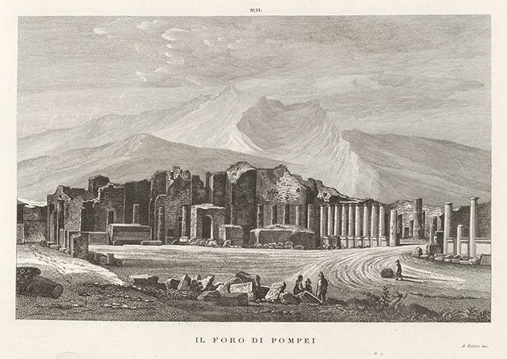 VII.8 Forum. 1845 drawing looking south-west from the north end.
See Zuccagni Orlandini, A., 1845. Atlante Illustrativo ossia raccolta dei principali monumenti italiani antichi, del medioevo e moderni e di alcune vedute pittoriche: Vol III: Regno delle due Sicilie. Firenze, Tav. VI, n.2.