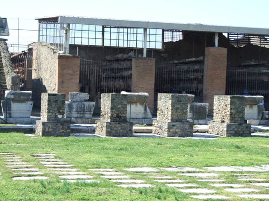 VII.8 Pompeii Forum. March 2009. West side with four pedestal bases for statues of distinguished citizens.