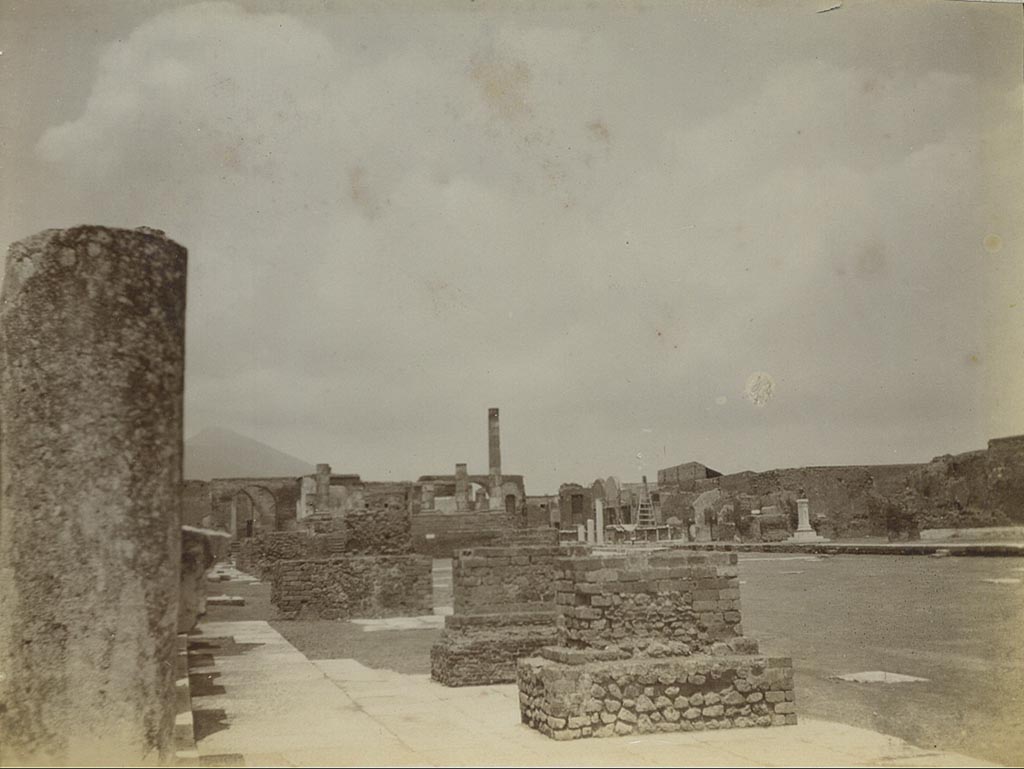 VII.8 Pompeii Forum. 1905. 
Looking north-east along west side with pedestal bases for statues of distinguished citizens. Photo courtesy of Rick Bauer.
