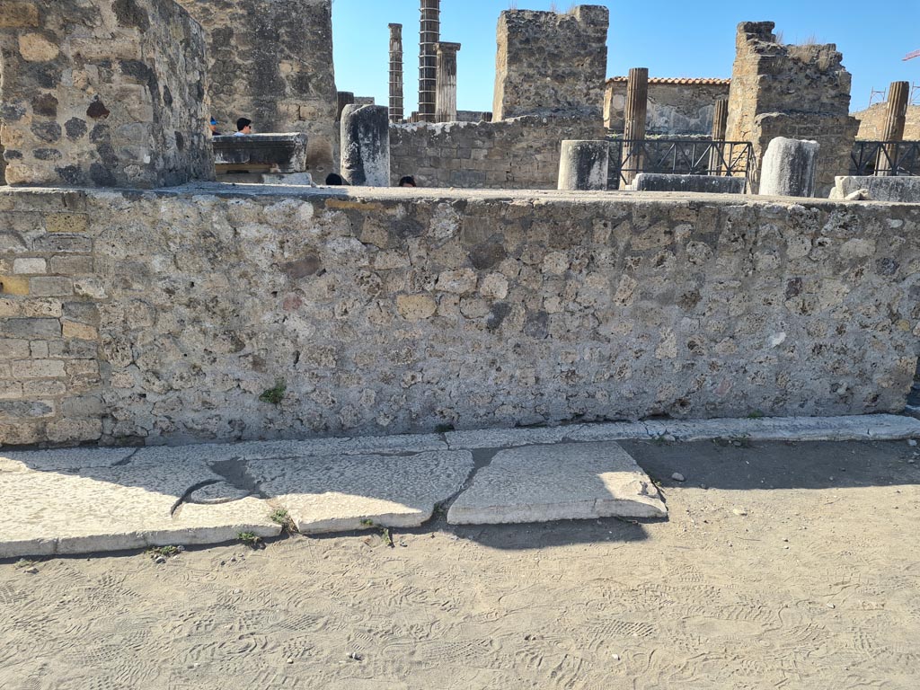 VII.8 Pompeii Forum. October 2023. 
Looking towards east side of base with remaining letter Q, still visible. Photo courtesy of Klaus Heese.
According to Van Buren – The Great Inscription of the Pavement of the Forum.
“It is well known that the pavement of the Forum was paved, about the beginning of the first century AD, with large blocks of limestone, well laid, and that at present, while considerable portions of this pavement are preserved at the north and south ends, the open space in the centre has been denuded except for a few isolated blocks. This pavement antedates the original construction of the limestone portico, which was in process of construction in 63AD and had been begun or at least was contemplated under Tiberius; it is earlier than the bases of equestrian statues along the west side of the Forum, since these were constructed upon it; and it is earlier than some, but later than others, of the bases of equestrian statues along the north and south ends of the Forum.
The reason for the disappearance of most of the central portion of this fine pavement is to be sought in the activities of the survivors after the eruption of 79: the Forum, like the Amphitheatre and the great theatre, could easily be found, and it furnished too valuable a quarry of building materials to be left unworked.
It has not been recognised however that this pavement contained a great inscription, in letters of bronze set into the limestone blocks, and running from the west to the east side of the Forum. 
Of this monumental inscription there survives in position only the cutting for the first letter, a Q, in a block of the pavement immediately to the east of the very large oblong statue base which is situated at about the middle of the west side of the Forum (see Plan fig 1, Note 3 below).
This one letter, given its character and position, is ample evidence of the former existence of the whole inscription: similar pavements containing similar inscriptions have been preserved in at least three instances.”
See Van Buren, A. W., 1918. The Forum at Pompeii in MAAR Vol II, p. 71 (and note 3, below).