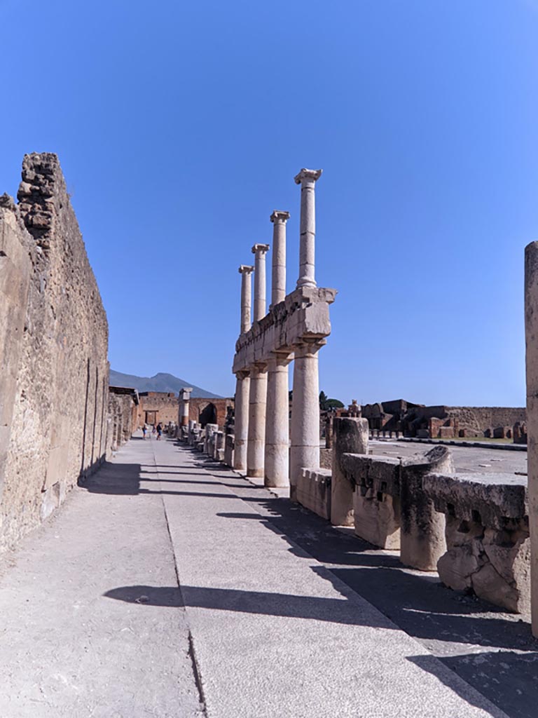 VII.8 Pompeii Forum. April 2022. 
Looking north along west side of Forum portico, with Temple of Apollo, on left. Photo courtesy of Giuseppe Ciaramella.