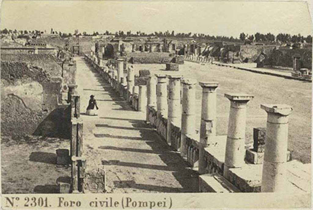 VII.8 Pompeii Forum. 1867 – 1874 view of west side, looking north. Sommer and Behles photo numbered 2301.
Note the horizontal beam capping is not in place. Photo courtesy of Rick Bauer.