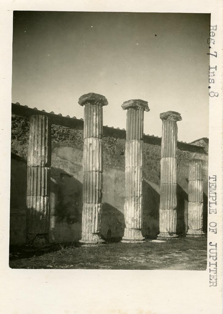VII.8.1 Pompeii. Pre-1937-39. Looking towards columns near west wall of cella.
Photo courtesy of American Academy in Rome, Photographic Archive. Warsher collection no. 1115.