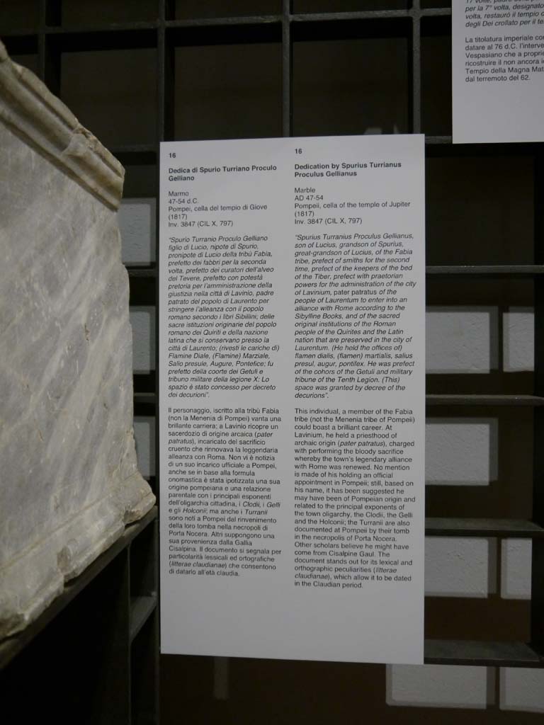 VII.8.1 Pompeii. March 2019. Information card.
Foto Anne Kleineberg, ERC Grant 681269 DÉCOR.
Dedication by Spurius Turrianus Proculus Gellianus
Marble
AD 47-54
Pompeii, cella of the temple of Jupiter
(1817)
Inv. 3847 (CIL X, 797)
"Spurius Turranius Proculus Gellianus, son of Lucius, grandson of Spurius, great-grandson of Lucius, of the Fabia tribe, prefect of smiths for the second time, prefect of the keepers of the bed of the Tiber, prefect with praetorian powers for the administration of the city of Lavinium, pater patratus of the people of Laurentum to enter into an alliance with Rome according to the Sibylline Books, and of the sacred original institutions of the Roman people of the Quirites and the Latin nation that are preserved in the city of Laurentum. (He held the offices of) flamen dialis, (flamen) martialis, salius presul, augur, pontifex. He was prefect of the cohors of the Getuli and military tribune of the Tenth Legion. (This) space was granted by decree of the decurions".
This individual, a member of the Fabia tribe (not the Menenia tribe of Pompeii) could boast a brilliant career. 
At Lavinium, he held a priesthood of archaic origin (pater patratus), charged with performing the bloody sacrifice whereby the town's legendary alliance with Rome was renewed. 
No mention is made of his holding an official appointment in Pompeii; still, based on his name, it has been suggested he may have been of Pompeian origin and related to the principal exponents of the town oligarchy, the Clodii, the Gelli and the Holconii; the Turranii are also documented at Pompeii by their tomb in the necropolis of Porta Nocera.
Other scholars believe he might have come from Cisalpine Gaul. 
The document stands out for its lexical and orthographic peculiarities (litterae claudianae), which allow it to be dated in the Claudian period.