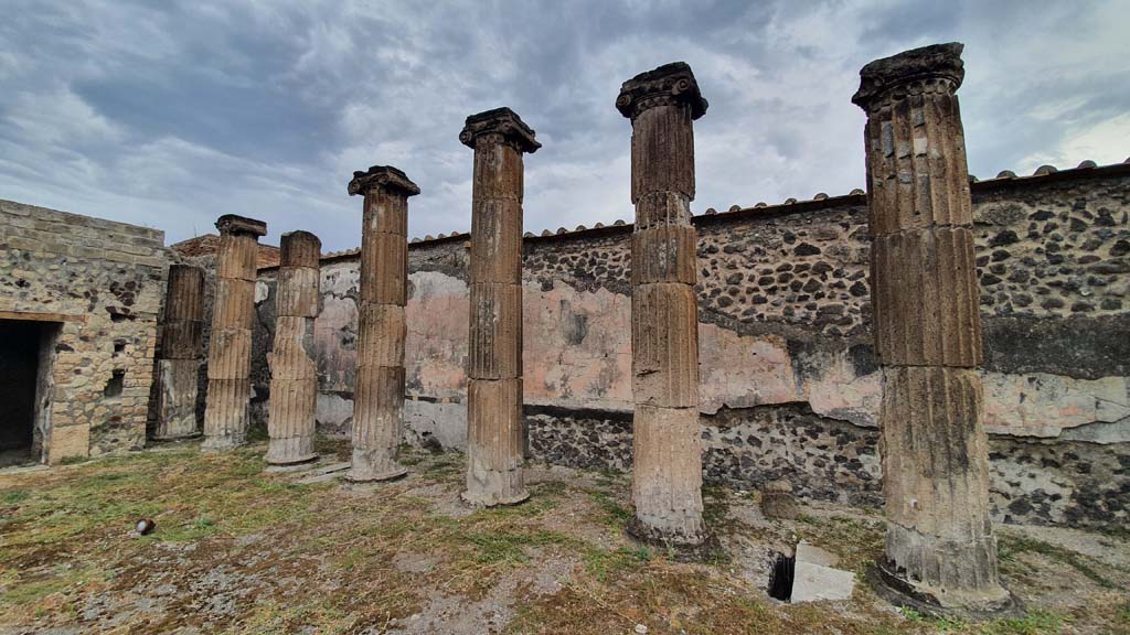 VII.8.1 Pompeii. August 2021. Looking towards room at east end of north wall, north-east corner and east wall behind columns. 
Foto Annette Haug, ERC Grant 681269 DÉCOR.