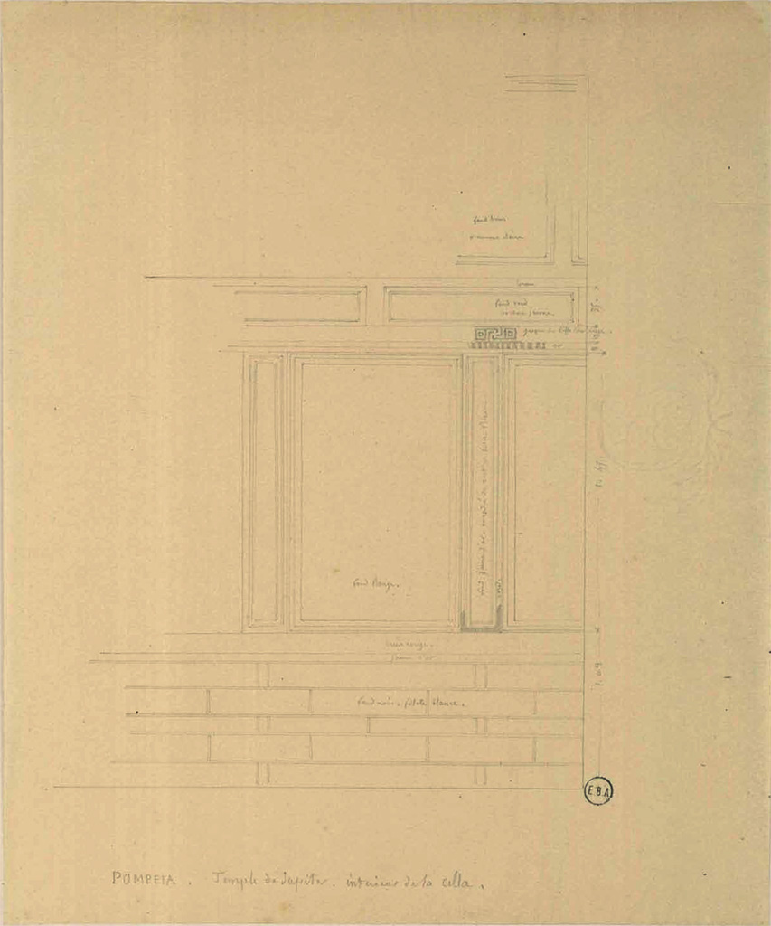 VII.8.1 Pompeii. 19th century sketch by Jean-Baptiste Ciceron Lesueur of cella wall decoration.
See Lesueur, Jean-Baptiste Ciceron. Voyage en Italie de Jean-Baptiste Ciceron Lesueur (1794-1883), pl. 23.
See Book on INHA reference INHA NUM PC 15469 (04)  « Licence Ouverte / Open Licence » Etalab