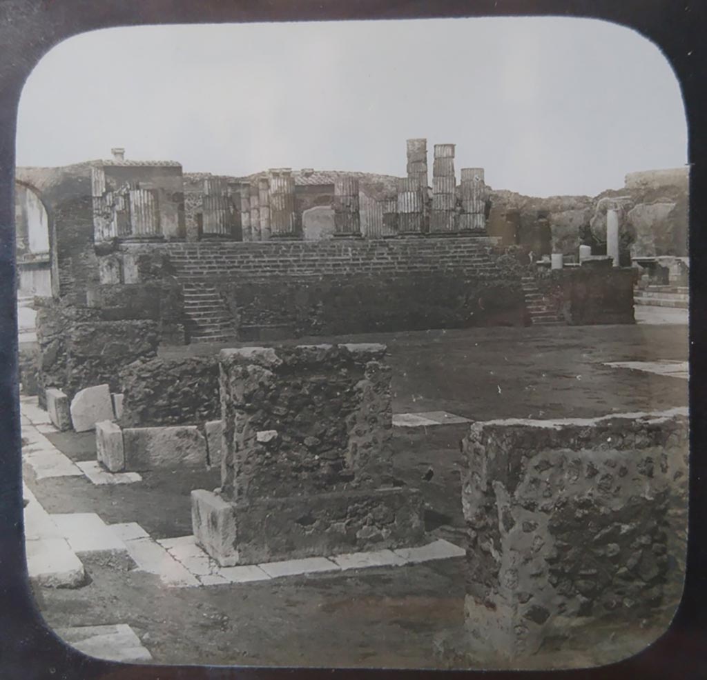 VII.8.1 Pompeii. c.1900. C. and G. Lantern slide published by A. Laverne. 
Looking north from west side of Forum towards Temple of Jupiter.