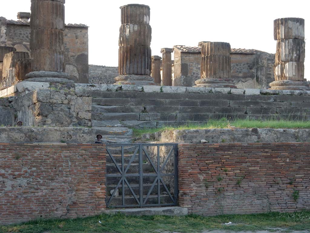VII.8.1 Pompeii. Temple of Jupiter. June 2019. Looking north to steps on west side, leading up the podium. 
Photo courtesy of Buzz Ferebee.
