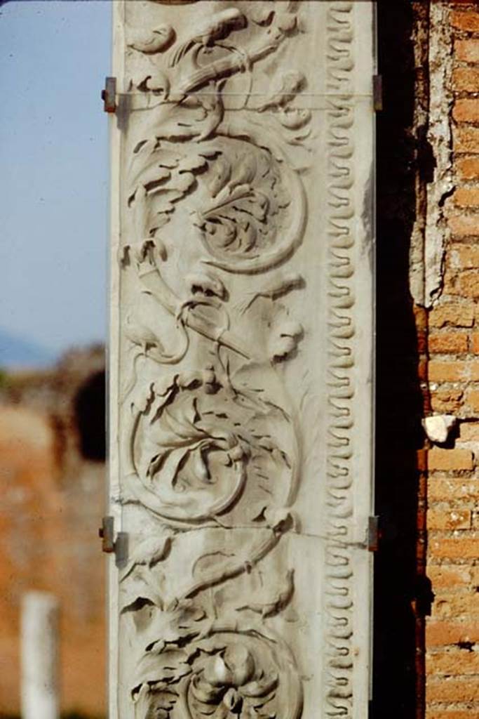 VII.9.1 Pompeii. 1991. Entrance decoration, detail from south side of doorway.  
Source: The Wilhelmina and Stanley A. Jashemski archive in the University of Maryland Library, Special Collections (See collection page) and made available under the Creative Commons Attribution-Non Commercial License v.4. See Licence and use details. J91f0008