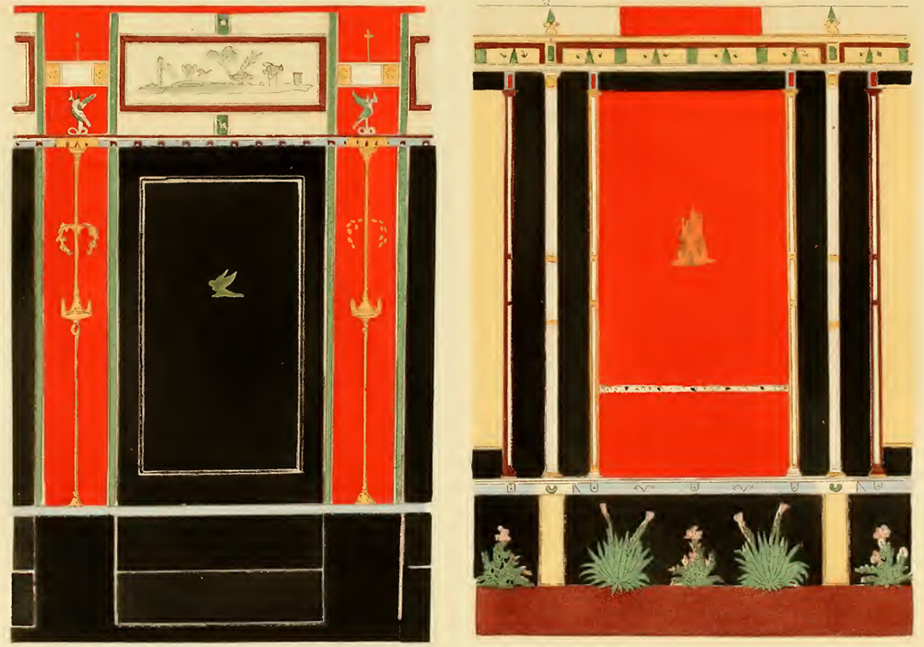 VII.9.67 Pompeii. Painting by Pierre Gusman of wall in Eumachia’s building (aka The Chalcidicum), the east wall next to steps. 
The painted panel on the right, could be from the wall on one side of the Broad niche 13/exedra containing the statue of Eumachia, (see drawing by Gell in next part.)
VI. Panneaux de l'édifice d'Eumachie. Style égyptisant.
See Gusman P., 1924. La Décoration Murale de Pompei. Paris : Morancé, pl. VI.