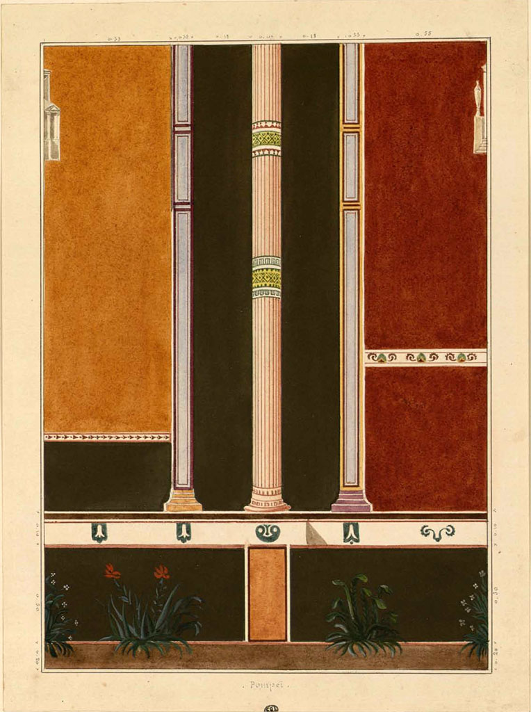 VII.9.1/67 Pompeii. Painting by Duban, between 1823-28, of part of wall in Eumachia’s Building.
See Duban F. Album de dessins d'architecture effectués par Félix Duban pendant son pensionnat à la Villa Medicis, entre 1823 et 1828: Tome 2, Pompéi, pl. 43.
INHA Identifiant numérique NUM PC 40425 (2)
https://bibliotheque-numerique.inha.fr/idurl/1/7157  « Licence Ouverte / Open Licence » Etalab