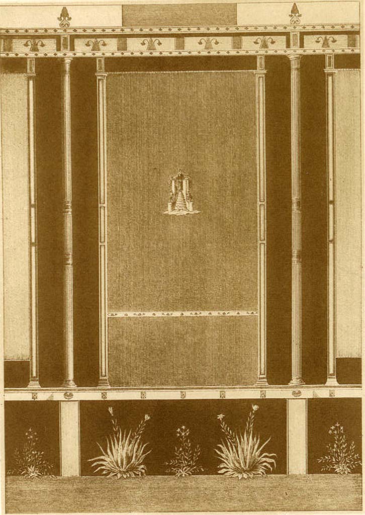 VII.9.1/67 Pompeii. Drawing by A. Sikkard of wall in Eumachia’s Building.
See Mau, A. 1882. Geschichte der Decorativen Wandmalerei in Pompeji. Berlin: Reimer, Taf. X.