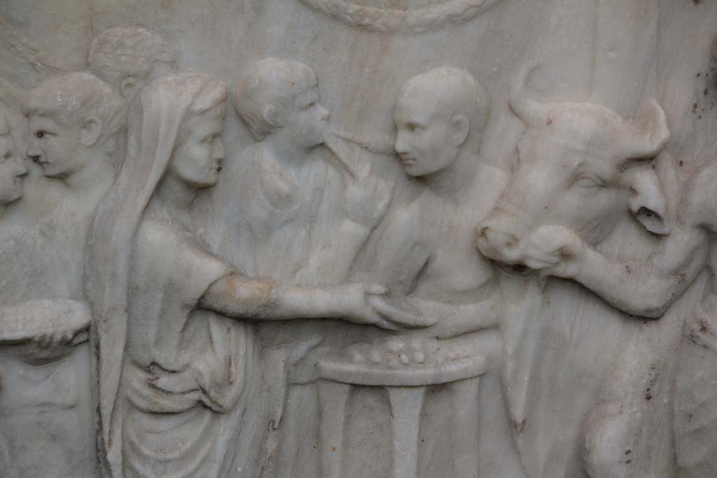 VII.9.2 Pompeii. April 2014. Detail from west side of Altar.  Photo courtesy of Klaus Heese.
According to Mau, a priest with a toga drawn over his head pours a libation from a shallow bowl or patera onto an altar which is in the form of a tripod. 
On the right the victimarius or slayer and an assistant are bringing a bull to the altar for sacrifice.
See Mau, A., 1907, translated by Kelsey F. W. Pompeii: Its Life and Art. New York: Macmillan. (Pages 106-7).