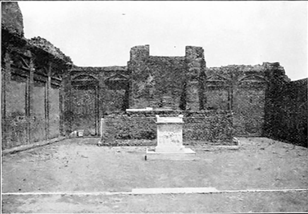 VII.9.2 Pompeii. 1899 photo of altar, with no fence, cella and podium.
See Mau, A., 1899, translated by Kelsey F. W. Pompeii: Its Life and Art. New York: Macmillan, fig. 44, p. 108.