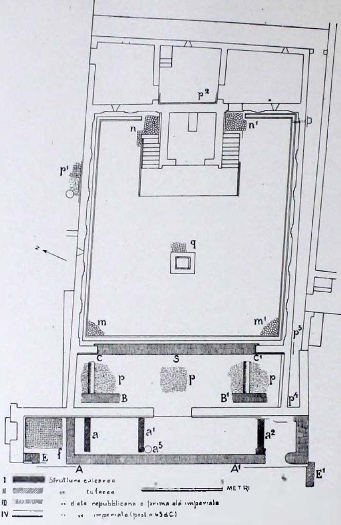 VII.9.2 Pompeii. Drawing of plan of Temple of Vespasian. 
See Notizie degli Scavi di Antichità, 1942, (p.267-270, (plan on p.268, fig.8)).
