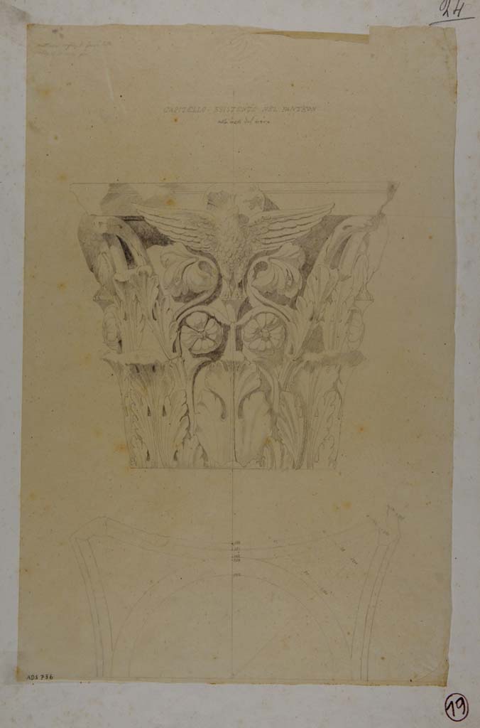VII.9.7/8 Pompeii. Drawing by Pasquale Maria Veneri, of beautiful capital showing eagle with spread wings.
Now in Naples Archaeological Museum. Inventory number ADS 736.
Photo © ICCD. http://www.catalogo.beniculturali.it
Utilizzabili alle condizioni della licenza Attribuzione - Non commerciale - Condividi allo stesso modo 2.5 Italia (CC BY-NC-SA 2.5 IT)