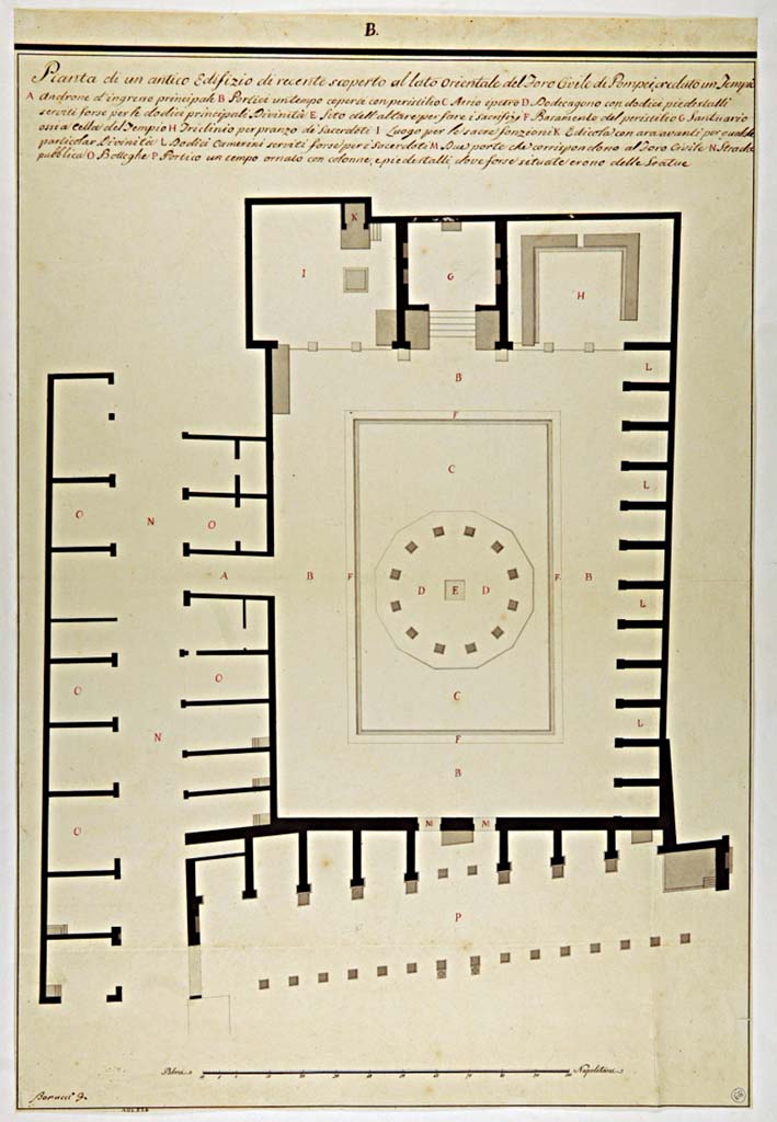 VII.9.7/8 Pompeii. Drawing by Antonio Bonucci, c.1822, of “plan of an ancient building recently excavated on east side of Forum thought to be a Temple”.
The shops and houses of VII.4.15/16 through to VII.4.25 can be seen, on the left. 
These are closed at the rear with a continuous straight line, showing perhaps the limit of excavation at the time of this plan.
Now in Naples Archaeological Museum. Inventory number ADS 726.
Photo © ICCD. http://www.catalogo.beniculturali.it
Utilizzabili alle condizioni della licenza Attribuzione - Non commerciale - Condividi allo stesso modo 2.5 Italia (CC BY-NC-SA 2.5 IT)