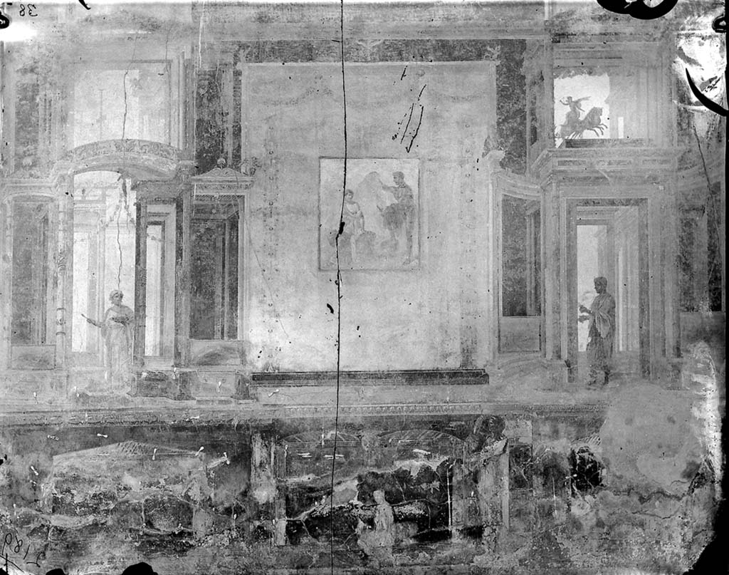 VII.9.7/8 Pompeii. 1871. Detail of painted decoration on west wall. 
Photo by J. H. Parker, © American Academy in Rome. Parker.2189.Italia.