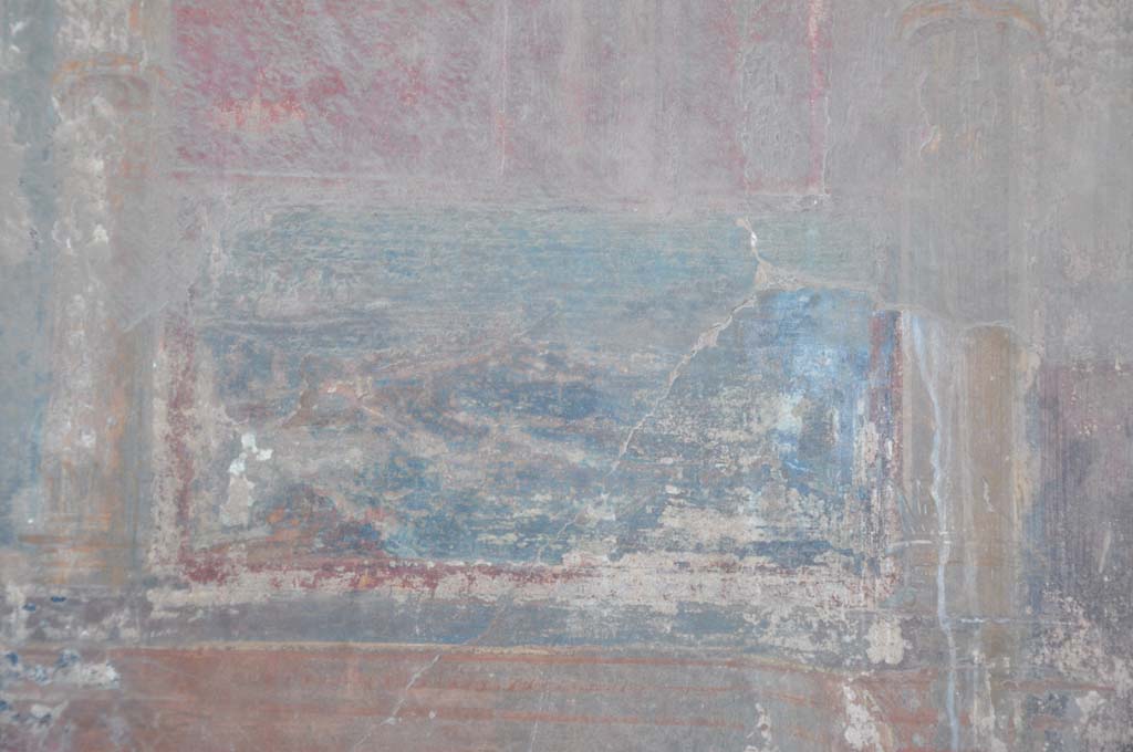 VII.9.7/8 Pompeii. July 2017. Painting of boats from south side of panel with female figure on west wall.
Foto Annette Haug, ERC Grant 681269 DÉCOR.