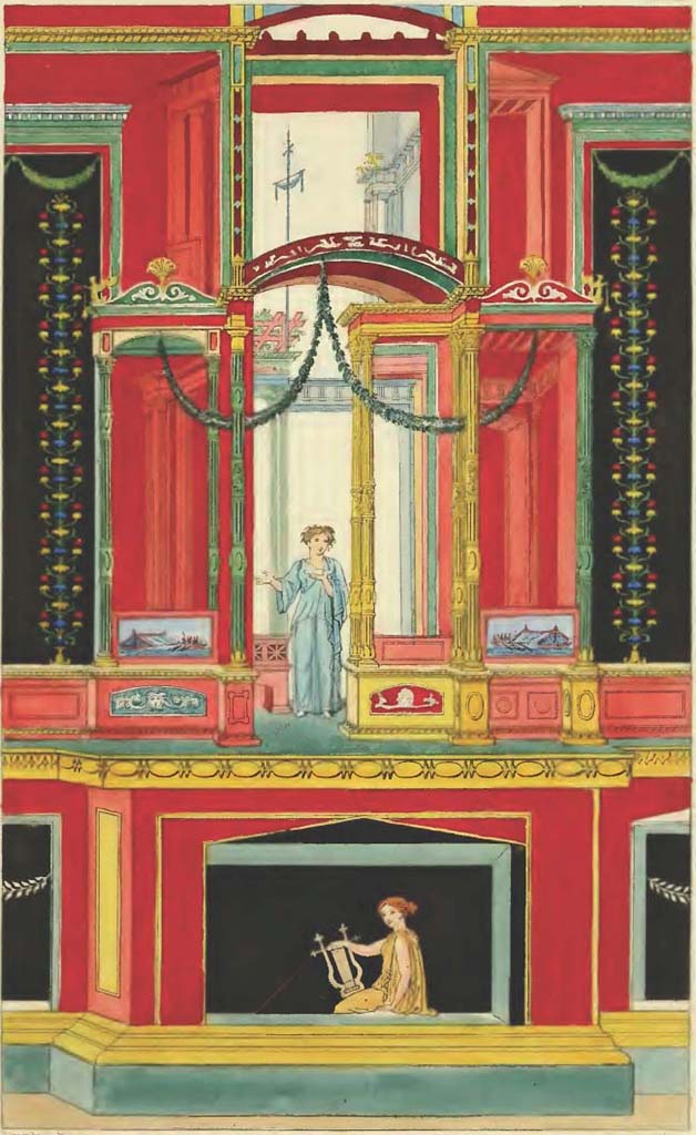 VII.9.7 and VII.9.8 Pompeii. 1832 painting of part of Macellum wall.
According to Gell, along the whole runs a sort of podium or base, generally of a yellow colour and highly ornamented, in which are compartments with figures, one of which, a female, has been selected for the base in Plate XIV., with a lyre, as more elegant than that which happens to be placed there in the original, which is also much defaced. The drawing from which this figure was reduced for the work was made by M. Zahn, Architectural Painter to the Elector of Hesse Cassel, an indefatigable and exact artist, who will contribute much to the embellishment of his native country on his return, and who kindly permitted the Author to copy and publish his picture.
See Gell W., 1832.  Pompeiana: Vol. 1. London: Jennings and Chaplin, p. 54-5, Pl. XIV.