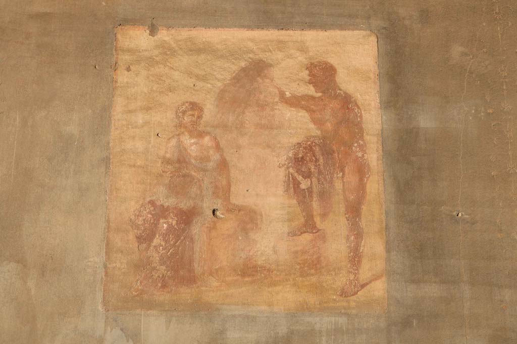 VII.9.7 and VII.9.8 Pompeii. Macellum. December 2018. 
Painting of Io listening to Argo or Argus, from west wall. Photo courtesy of Aude Durand.