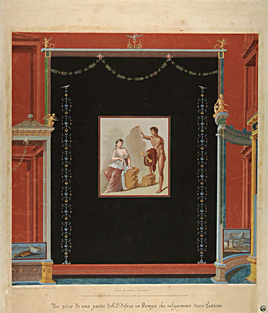 VII.9.7 and VII.9.8 Pompeii. Copy painting by Giuseppe Marsigli, 1824, of central painting of west wall showing Io listening to Argo.
Now in Naples Archaeological Museum. Inventory number ADS 728.
Photo © ICCD. http://www.catalogo.beniculturali.it
Utilizzabili alle condizioni della licenza Attribuzione - Non commerciale - Condividi allo stesso modo 2.5 Italia (CC BY-NC-SA 2.5 IT)
