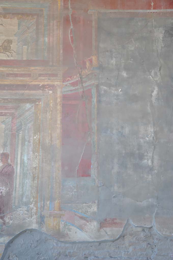 VII.9.7/8 Pompeii. July 2017. Detail of red dividing panel on west wall at north end.
Foto Annette Haug, ERC Grant 681269 DÉCOR
