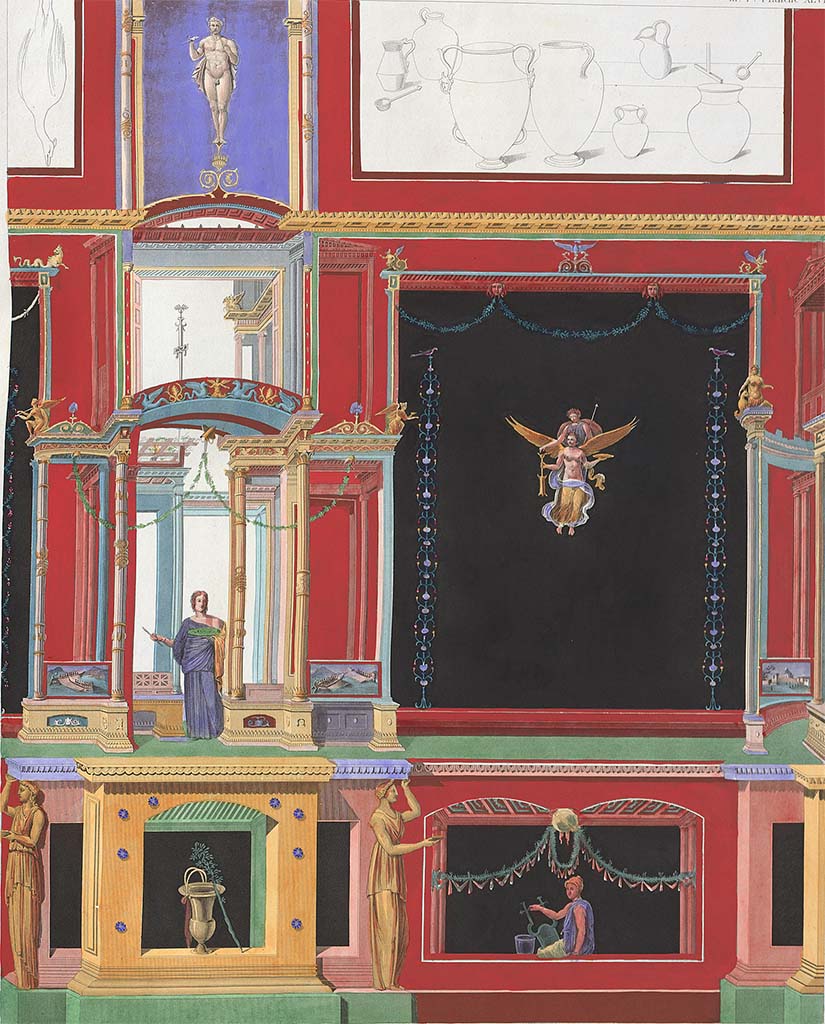 VII.9.7 and VII.9.8 Pompeii. 1829 painting of part of Macellum west wall.
See Mazois, F., 1829. Les Ruines de Pompei : Troisième Partie. Paris : Didot Frères, pl. XLVI.
(NOTE : the flying figures on black panel should be on the north side of a panel showing a man – artistic licence !
The figure showing a woman is on the south side of the central painting, and the two flying figures at the south end of her are holding a plate).