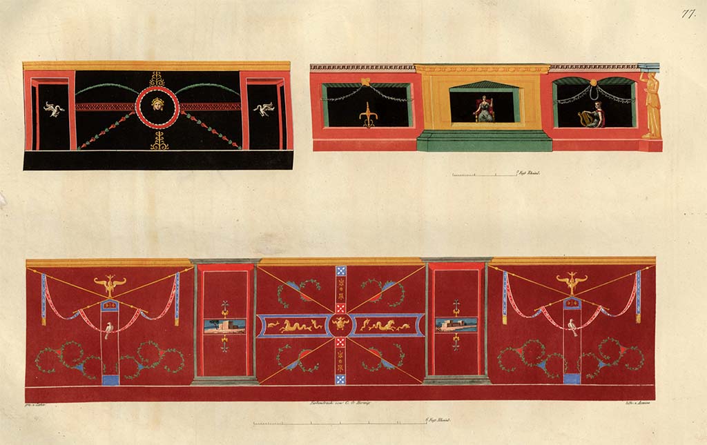 VII.9.7 and VII.9.8 Pompeii. Macellum. Pre-1828. 
Painting by Zahn, the first two are from Pompeii. On the right from the Pantheon, the bottom of a wall seen in Pl.19. 
The lower one is in Naples Museum.
See Zahn, W., 1828-29. Die schönsten Ornamente und merkwürdigsten Gemälde aus Pompeji, Herkulanum und Stabiae: I. Berlin: Reimer, taf. 77.