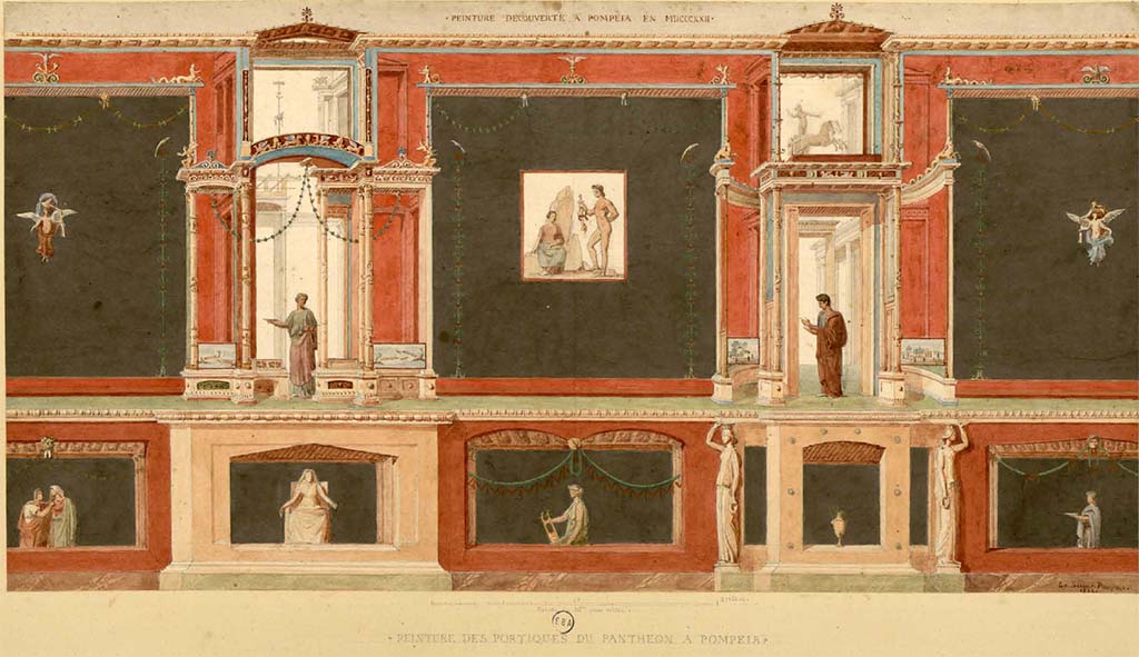 VII.9.7/8 Pompeii. Painting signed Le Sueur (unclear) Pompeia 1822, "Peinture des Portiques du Panthéon a Pompeia". Looking towards west wall. 
See Lesueur, Jean-Baptiste Ciceron. Voyage en Italie de Jean-Baptiste Ciceron Lesueur (1794-1883), pl. 77.
See Book on INHA reference INHA NUM PC 15469 (04)  « Licence Ouverte / Open Licence » Etalab
