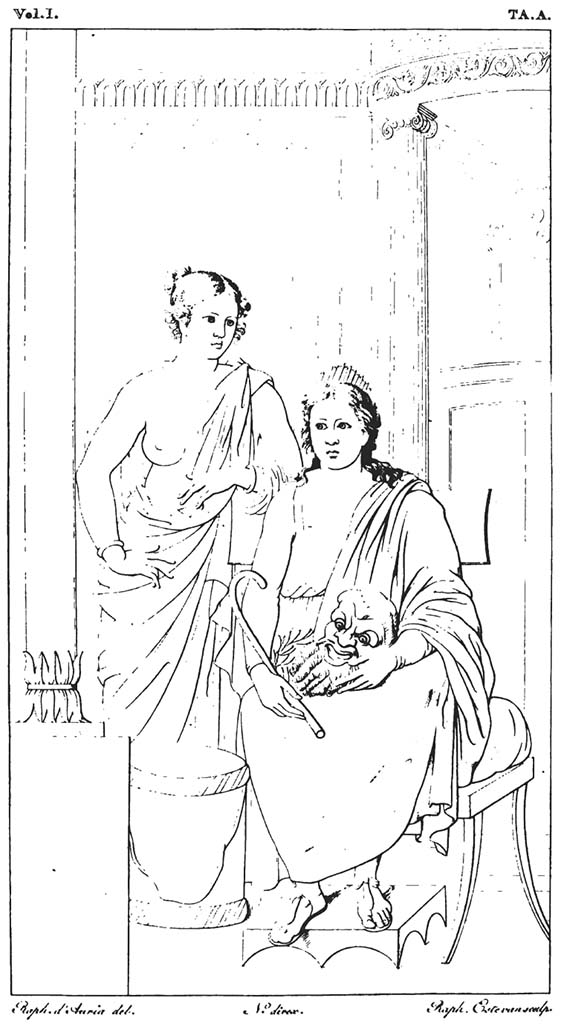 VII.9.7/8 Pompeii. 1824.  
Drawing of decoration showing Thalia and a Bacchante from one of the walls surrounding the portico of the Macellum.
According to Bechi, this was from the same (north) wall as the painting of Penelope and Ulysses.
See Real Museo Borbonico, 1824, Vol. I, Tav. A.