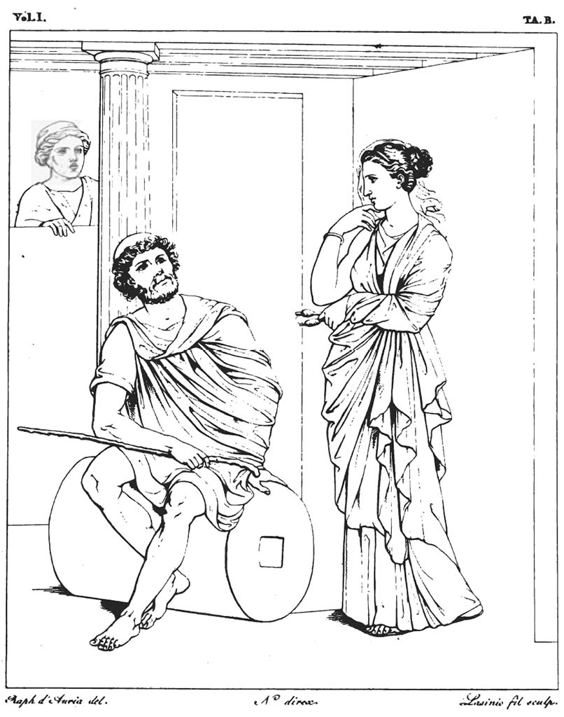 VII.9.7/8 Pompeii. 1824 drawing of painting of Penelope and Ulysses, from north wall.
See Real Museo Borbonico, 1824, Vol. I, Tav. B.
According to PPM –
“Paintings found in the Macellum were – Io and Argus (west wall). 
Found on the north wall, from west to east, were –
Ulysses and Penelope
Medea (now completely lost)
Thetis handing out arms to Achilles (now lost)
Phryxus on the ram (now lost) from the middle of a black panel with a wide red border on the east side of the north wall.”
See Carratelli, G. P., 1990-2003. Pompei: Pitture e Mosaici. VII, (7). Roma: Istituto della enciclopedia italiana, p. 335.