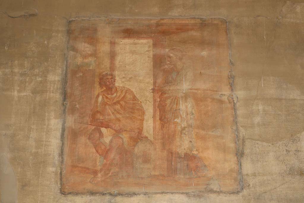 VII.9.7 and VII.9.8 Pompeii. Macellum. December 2018. 
Wall painting of Ulysses relating his adventures to Penelope, from north wall. Photo courtesy of Aude Durand.