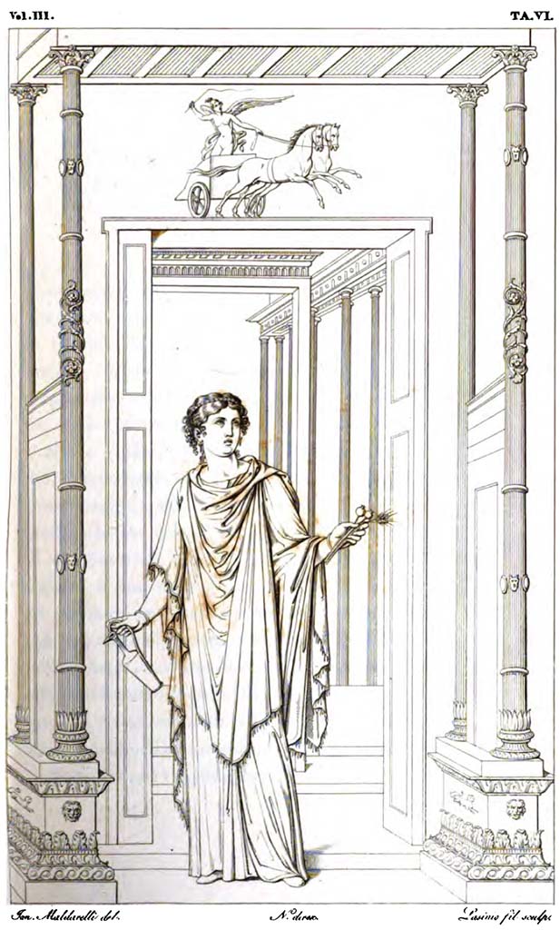 VII.9.7 and VII.9.8 Pompeii. Macellum. Pre-1827 drawing.
Wall painting of a Priestess, together with Victory in a chariot above, from one of the walls.
See Real Museo Borbonico, 1827, Vol. III, Tav. VI.