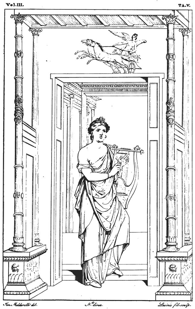 VII.9.7 and VII.9.8 Pompeii. Macellum. Pre-1827 drawing.
Wall painting of Citarista, together with Victory in a chariot above, from one of the walls.
See Real Museo Borbonico, 1827, Vol. III, Tav. V.
(Note: if this drawing was reversed, this could be from the panel on the east side of the central painting, as seen in the painting above “the Preparatory painting by Pasquale Maria Veneri, 1843, of west end of north wall in north-west corner.)
.