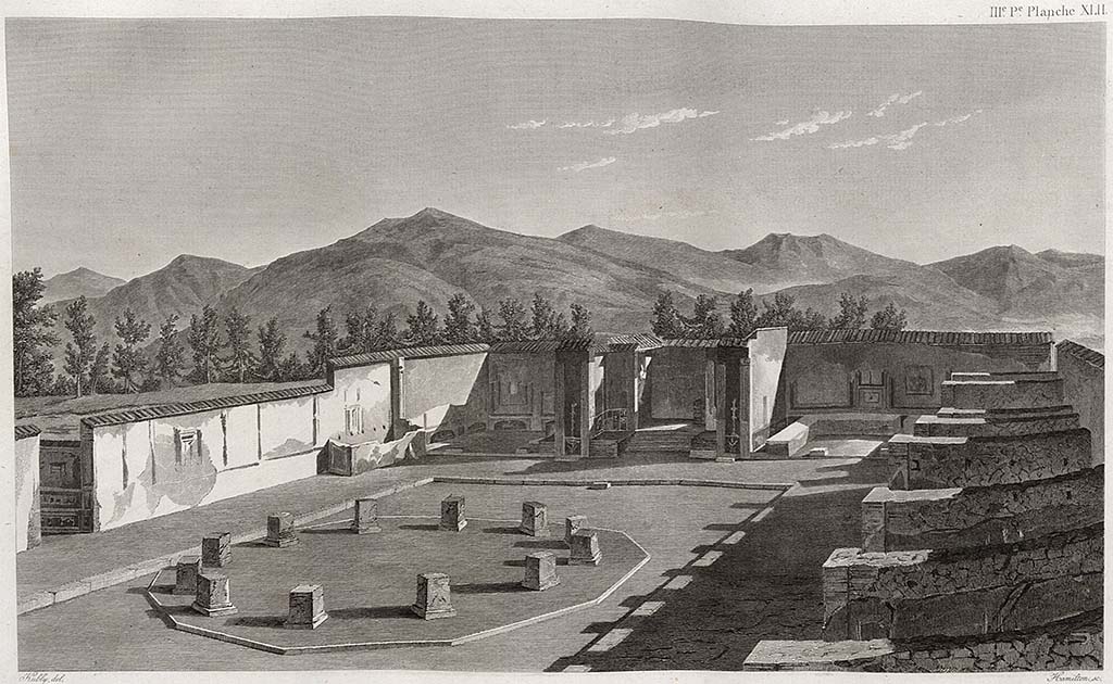 VII.9.7 and VII.9.8 Pompeii.  Pre 1829 drawing looking north-east across Macellum. 
The north wall, and entrance corridor at VII.9.19, with painted decoration can be seen on the left.
See Mazois, F., 1829. Les Ruines de Pompei : Troisième Partie. Paris : Didot Frères, (Pl. XLII)